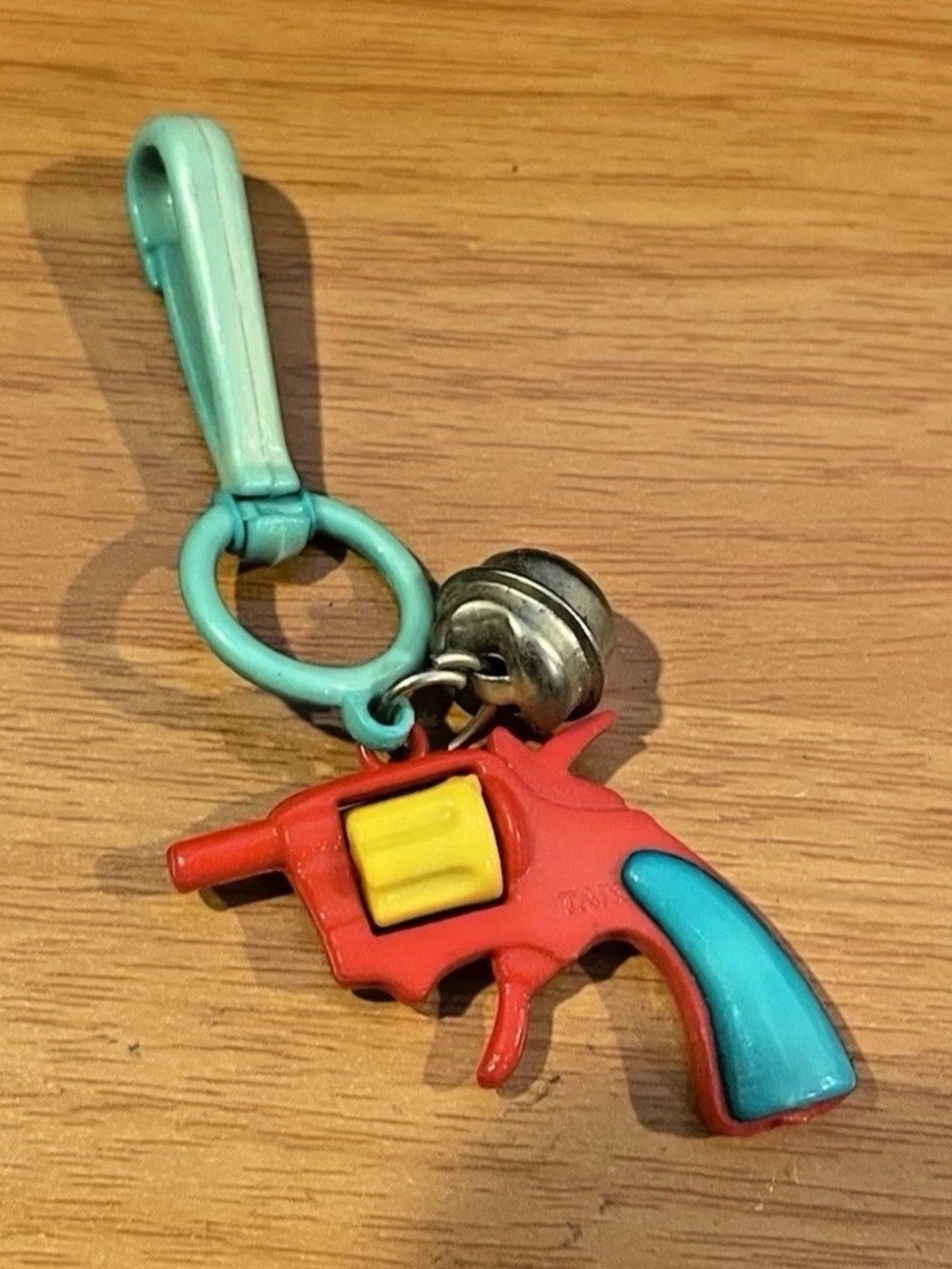 Vintage 1980s Plastic Bell Charm Gun Revolver With Moving Barrel 80s Necklace